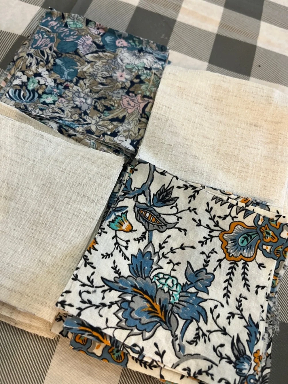 Blue Floral and Natural cotton Fabric Bundle
